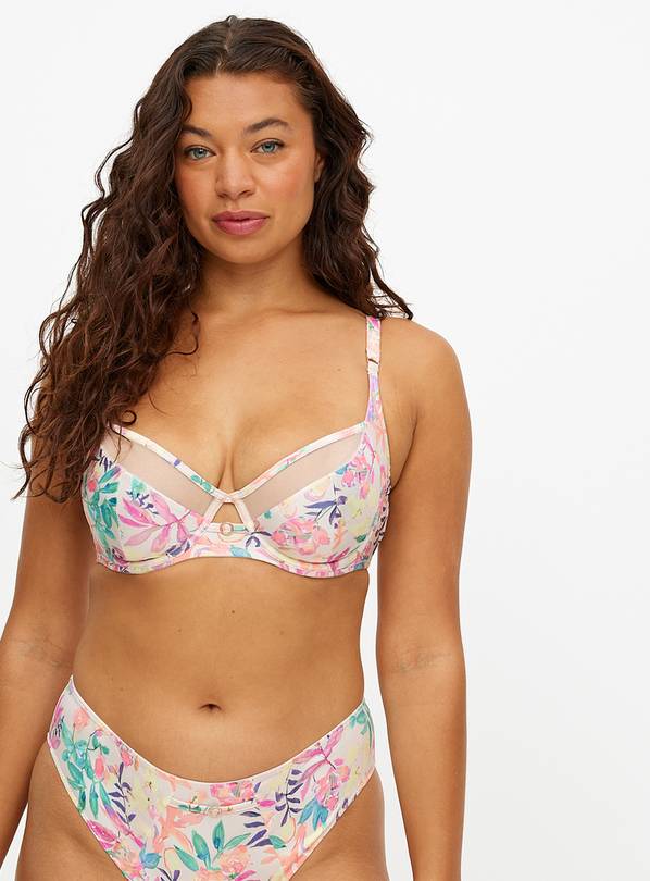 DD+ Pink Tropical Flower Print Non Padded Underwired Bra 34DD